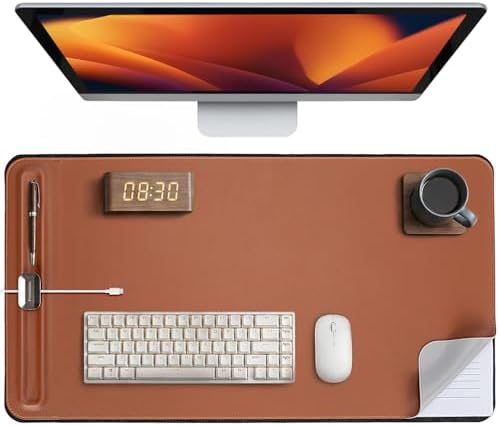 Desk Mat – Double-Sided Vegan Leather & Felt | Built-In Magnetic Cable Organizer & File Storage | Premium Workspace Pad for Office, Gaming & Creative Professionals-（Brown）