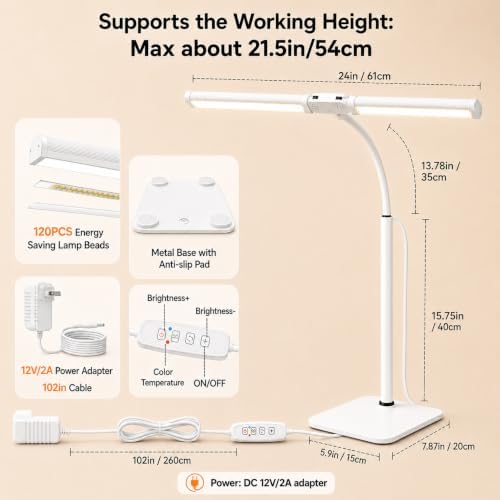 24-Inch Double Head LED Desk Lamp with Base, 15W Architect Desk Light