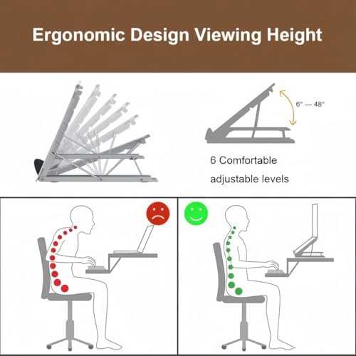 Bamboo Foldable Laptop Stand Holder, 6-Level Adjustable Ergonomic Notebook Riser with Heat Dissipation for 10-17 Inch Laptops, MacBook, Tablet (Dark Brown)