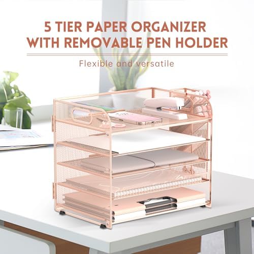 5-Tier Paper Organizer for Desk with Pen Holders, Letter Trays, Rose Gold