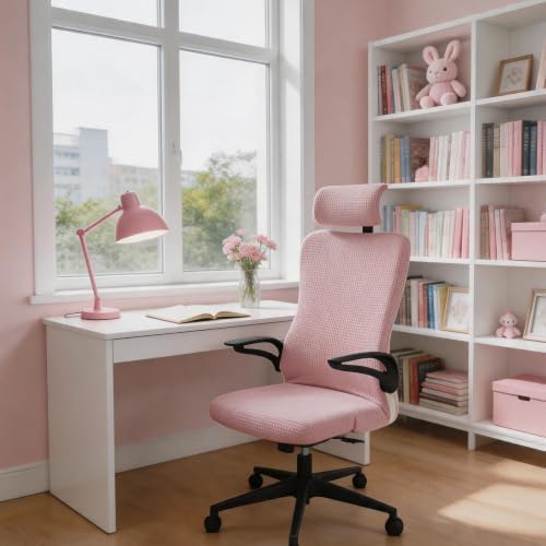 Pink Ergonomic Office Chair Cover with Headrest Cover Water-Repellent Stretch 2-Piece Jacquard Office Desk Chair and Headrest Slipcover Cat Scratch Proof Washable