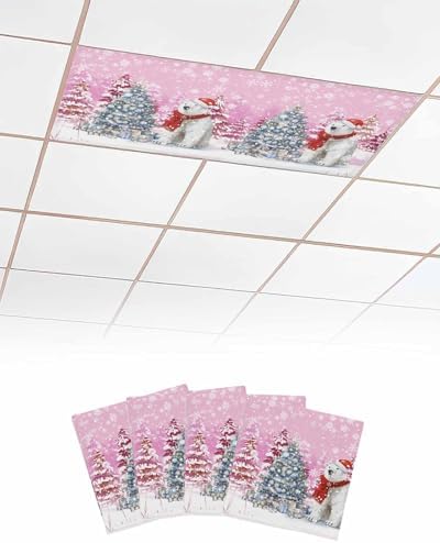 Pink Christmas Magnetic Fluorescent Light Covers for Ceiling Lights 2 x 4 Feet,Snowflakes Retro Snowy Xmas Tree Bear Office Classroom Kitchen Drop Ceiling Light Covers Filters Shade Panel 4 Packs