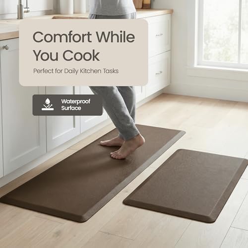 Anti Fatigue Kitchen Mats for Floor | Padded Kitchen Rugs | Non Slip, Cushioned Standing Desk Mat | Waterproof Floor Mat | 17.3" x 28" x 0.47" & 17.3" x 59" x 0.47", Brown, 2-Pack | More Décor
