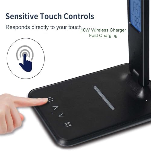 IHAO Multi-Functional Desk Lamp 10W Qi Wireless Charger 3 Color Modes 5 Brightness Levels Eye-Caring LED Light Faux Leather Finish Calendar Temperature Display Office Table Lamp TX26 Black