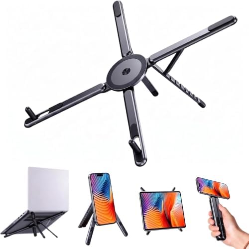 4-in-1 Foldable Laptop Stand with N52 Magnetic Phone Holder, Portable Aluminum Computer Stand for MacBook/ iPad/ Tablet, Adjustable Ergonomic Desk Stand for Home Office College Dorm & Travel Giftable