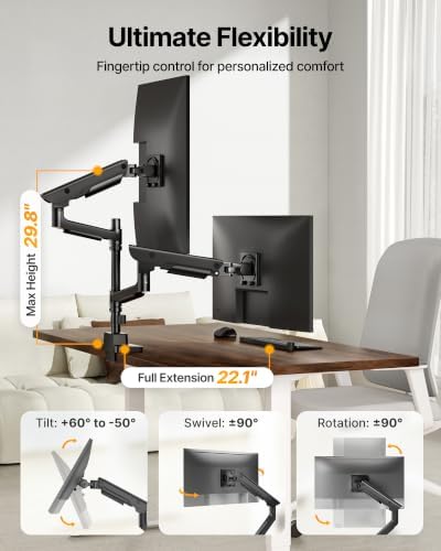 monTEK Dual Ultrawide Monitor Arm for 17-57" Screens, USB, Black