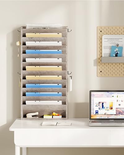 CHOEZON Wall File Organizer, 10-Tier Hanging Mail Organizer, Wall Mount File Holder with 4 Side Hooks, Industrial Mail and Storage Organizer, Wooden Vertical Hanging Holder for Office, Greige MWJ03FH