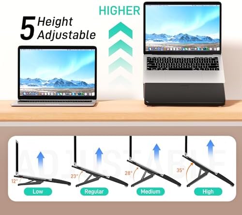 AFOOYO Adjustable Bamboo Laptop Stand,Portable Computer Riser,Ergonomic Notebook Mount with Wrist Rest,Compatible with 9.8-15'' All Laptops,MacBook Air Pro/HP/Dell/Lenovo,Black