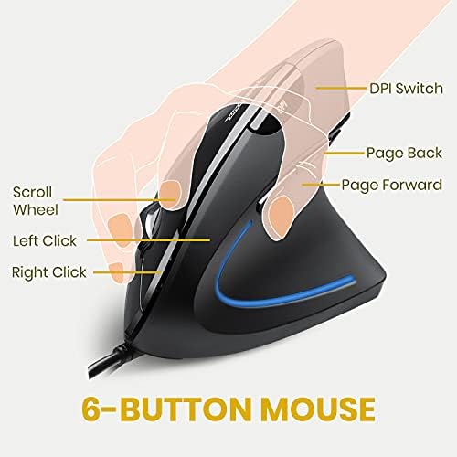 Perixx PERIMICE-513 Wired Ergonomic Vertical Mouse - 6 Buttons with 1000/1600/3200/6400 DPI - Right-Handed Design - Wired USB 5.9ft Cable - Black