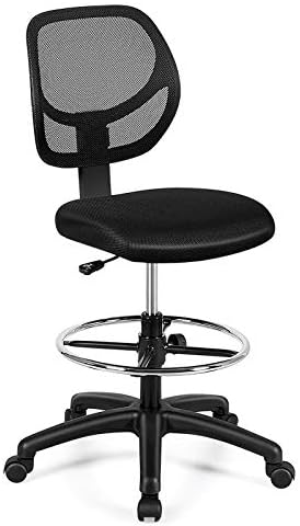GIANTEX Drafting Chair Tall Office Chair with Back, Height Adjustable Home Office Chair on Wheels, Ergonomic Computer Standing Desk Chair with Footrest Ring for Bedroom, Black