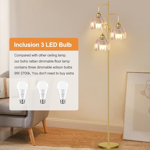 ZECOXOL Gold Floor Lamps for Living Room 3 Lights Floor Lamp with Glass Lampshape & Three Led Bulb,Mid Century Standing Lamp