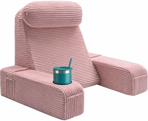 Reading Pillow for Adults, Back Pillow for Bed Sitting Up, Backrest Pillow for Sitting in Bed, Detachable Arms with Built-in Cup & Phone Caddy (Dusty Pink-Corduroy, 21 INCH)