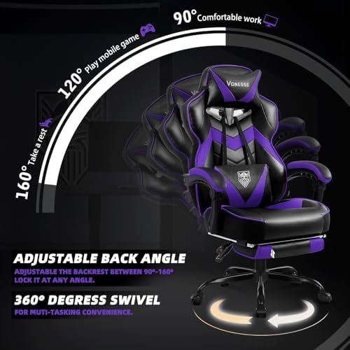 Vonesse Gaming Chair, High Back Gaming Chair with Footrest and Massage, Gaming Chairs for Adults with Pocket Spring Cushion, Big and Tall Reclining Computer Chair with Lumbar Support (Purple/Black)