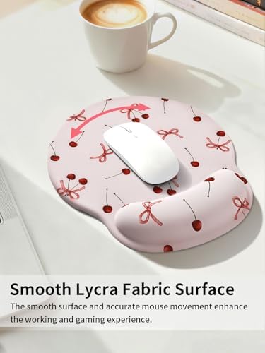 Seorsok Retro Ribbon Bow Cherry Mouse Pad with Gel Wrist Support Mouse Pad,Ergonomic Aesthetic,Comfort Mousepad for Office Work Computer,Pain Relief Mousepad with Non-Slip Silicone Base,Pink