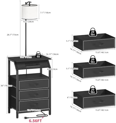 End Table with Floor Lamp Set of 2, Nightstand with Charging Station, Floor Lamp Table with 3-Color Temperature Bulb, Bedside Table Night Stand with 3 Drawers for Bedroom, Living Room, Black