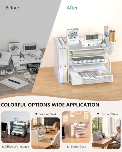 WALI Desk File Organizer, 5 Tier Desktop Paper Letter Tray Organizer with Drawer and 2 Pen Holders, Office Desk Accessories & Workspace Organizers for Office, Home Supplies(DO006DH-W), 1 Pack, White