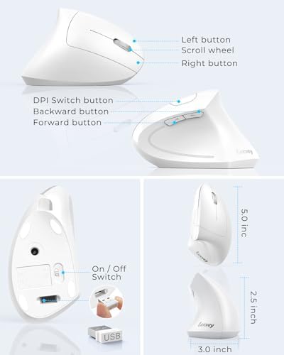 Lekvey Ergonomic Mouse, Rechargeable Vertical Wireless Mouse, White