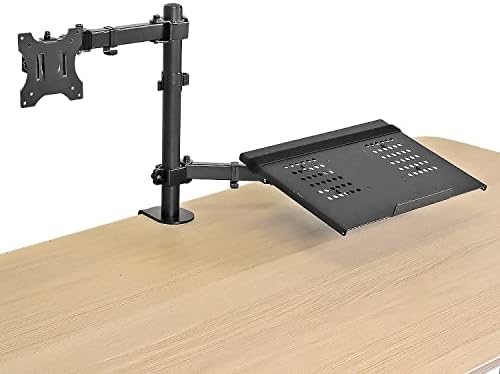 AEONS Monitor and Laptop Desk Mount Combo Stand with Notebook Tray fits 17 inch, 2-in-1 Adjustable Dual Arm Mount fits up to 32 inch LCD Screen with VESA, Clamp and Cable Management, Black