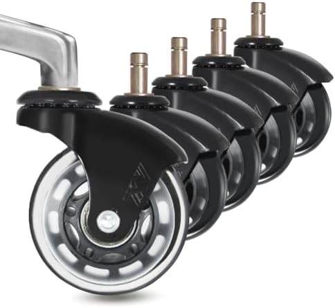 IKEA Office Chair Wheels Replacement for Hardwood Floor and Carpet, 10mm Stem Size, 2.5" Roller Blade Style, Replacement Rubber Chair Casters Set of 5 (Black/Clear)