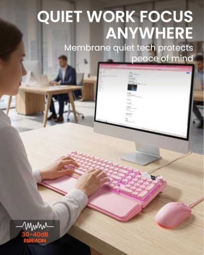 EWEADN Wired Keyboard and Mouse Combo with Detachable Wrist Rest - Pink