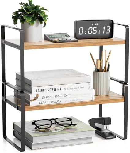 YGYQZ Desk Shelf Organizer, 2-Tier Desktop Bookshelf, Black & Wood