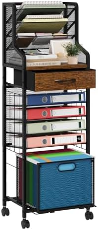 SWTYMIKI 10-Tier Rolling File Cart - Mesh Paper Organizer with Drawer & Hanging File Folders on Lockable Wheels, Rolling File Cabinet for Office Organization, Storage in Home, Studio, School, Espresso