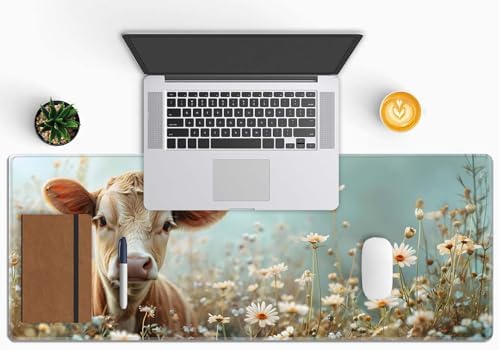 Flower and Little Cow XL Mouse Pad,Large Mouse Pad Gaming 31.5 x 11.8 in Mouse Mat Desk Pad,Extended Keyboard Mousepad Large Desk Mat with Non-Slip Rubber Base and Stitched Edge for Home Office