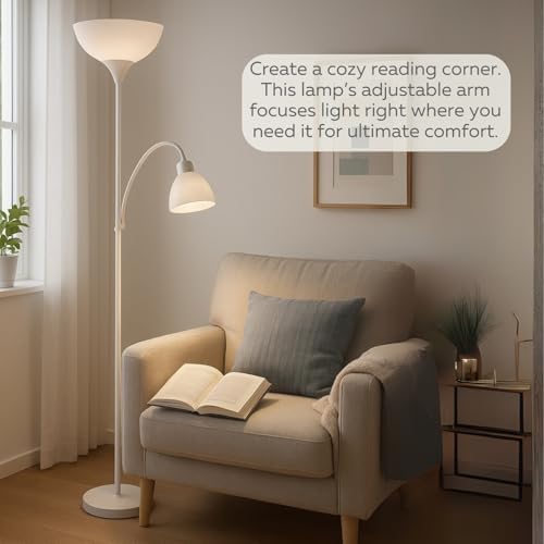 LIGHTACCENTS Floor Lamp with White Plastic Shades, Adjustable Standing Lamp, Reading Light, Head Lamp, Ideal Floor Lamps for Living Room, Measures 12x12x72 inches