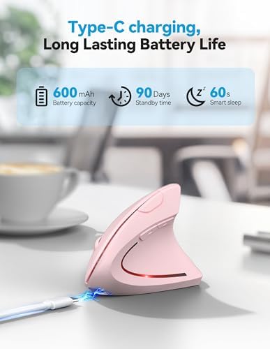 TECKNET Ergonomic Mouse Pink Rechargeable Vertical Wireless Mice Right Hand