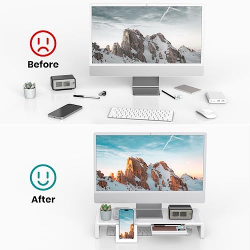 Monitor Stand Riser, Klearlook Foldable Computer Monitor Riser, Height Adjustable Computer Stand, Desk Shelf Riser with Storage Drawer & Tablet Phone Stand for Computer, Desktop, Laptop (White 2 Pack)