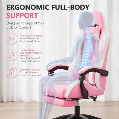 Mr IRONSTONE Gaming Chair with Footrest, Ergonomic Reclining Gamer Chair with Lumbar Support & Massage, High Back Racing Style Video Game Chair, Adjustable Headrest, Swivel Desk Chair (Pink)