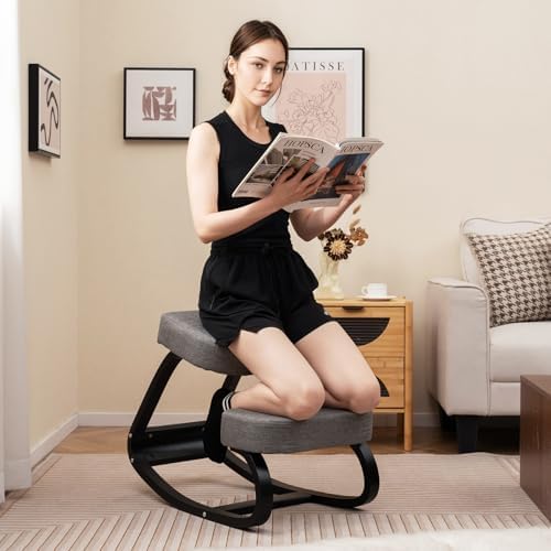 GIANTEX Ergonomic Kneeling Chair, Rocking Posture Chair with Padded Cushion, Knee Chair for Back Neck Pain Relief, Wooden Kneeling Desk Chair for Home Office