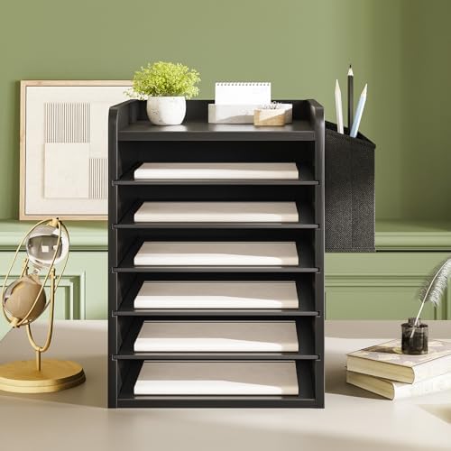 HOOBRO Adjustable Countertop Mail Sorter, 6 Tier Wooden Paper Organizer, Vertical Literature Organizer with Side Storage, Office Mailbox Cubbies, Classroom Mailbox, for Home, Office, Black BB34WF01