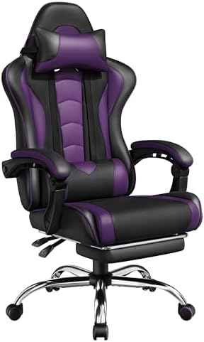 Yaheetech Gaming Chair with Footrest Massage Lumbar Pillow Black and Purple