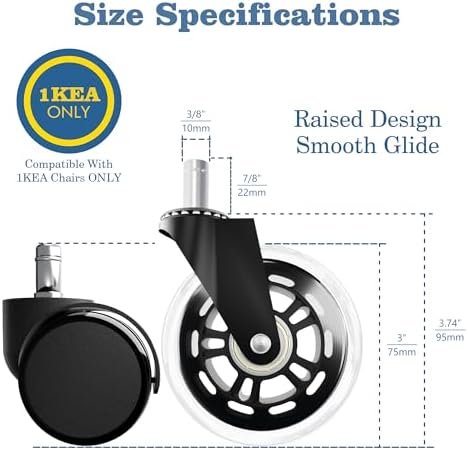 Office Chair Wheels Compatible with 1KEA 10x22mm Transparent 3 Inch Roller Blade Casters,Computer Gaming Replacement Rubber Wheels-Set of 5 for Hardwood Floors Desk Chair Rolling