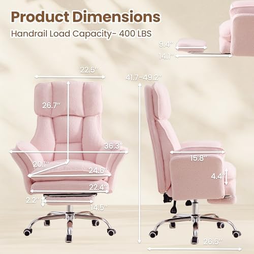 Big and Tall Office Chair with Flip Arms and Footrest, Teddy Criss Cross Legged Home Office Desk Chair with Pet Seat, Comfy Reclining Computer Gaming Chair, Pink