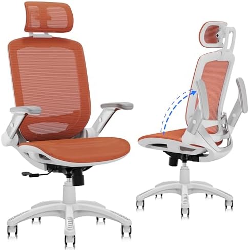 GABRYLLY Ergonomic Office Chair, High Back Home Desk Chair with 2D Flip-Up Arms, 3D Headrest, 90-120° Tilt and Wide Cushion, Big and Tall Mesh Chairs for Man Woman, Computer Task Chair Orange