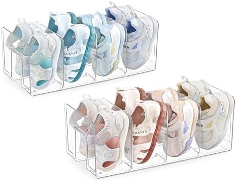 HBlife Clear Acrylic Kids Shoe Rack for Closet Organizers and Storage, Small Shoe Rack 4 Sections Toddler Baby Shoe Storage Organizer Stackable Shoe Shelf,Desk File Sorter Book Purse Organizer(2 Pack)
