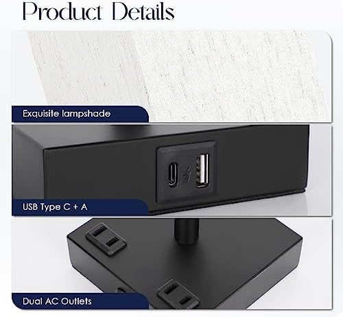 Bedside Table Lamps Set of 2 - Touch Nightstand Lamp for Bedroom with USB C+A Charging Ports & AC Outlets, 3-Way Dimmable Desk Lamp Flaxen Fabric Shade for Living Room Office(Bulb Included)
