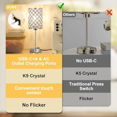 Sliver Crystal Table Lamp with Touch Control, Bedside Lamp for Nightstand