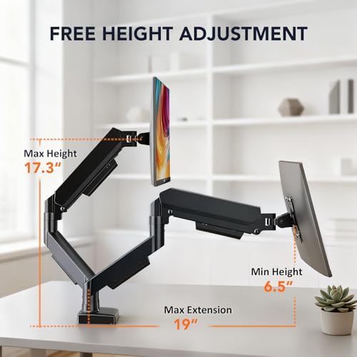 Dual Monitor Stand Adjustable Monitor Desk Mount for 17″–32″ Computer Screens, Full Motion VESA Pattern 75x75/100x100 with C-Clamp & Grommet Aluminum Base, Each Arm Holds 4.4 to 20 lbs HD09B-201