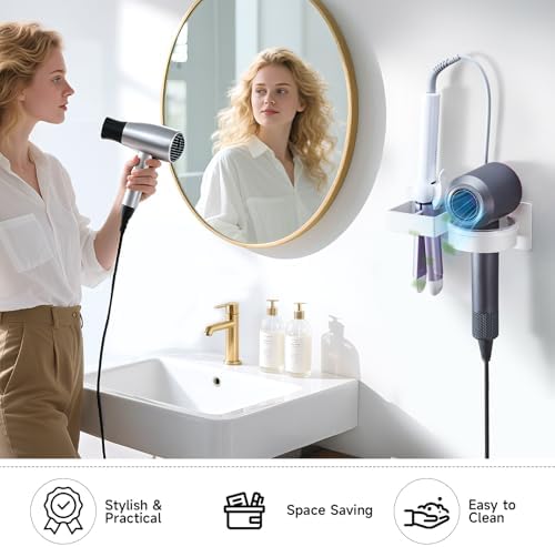 Hair Dryer Holder Wall Mounted, Hair Straightener Holder, Blow Dryer Holder Adhesive, Hair Tool Organizer for Flat Iron, Hairdryer, Curling Iron Holder for Bathroom Vanity Barber Shop (White)