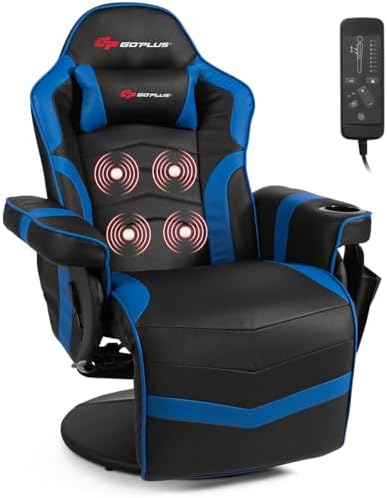 Goplus Massage Gaming Chair, Racing Style Gaming Recliner w/Adjustable Backrest and Footrest, Ergonomic High Back PU Leather Computer Office Chair Swivel Game Chair w/Cup Holder and Side Pouch