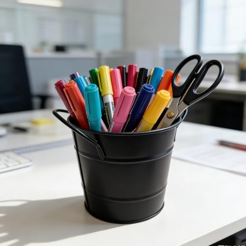 Fengtaiyuan T9，Matte Black Metal Storage Bucket, 5.95.14.7 inches Multi-functional Desktop Organizer for Home Office Garden (T19)