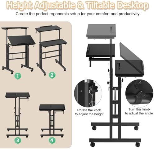 Klvied Mobile Standing Desk, Adjustable, Black