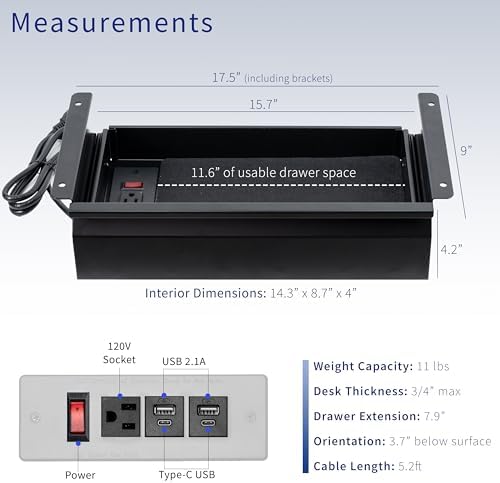 VIVO Black 16 x 9 in Slide Out Drawer with Power Strip, DESK-DR16-BP