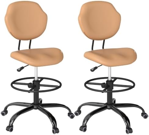 Drafting Chair with Back Support, Tall Desk Rolling Stool (Khaki, Set of 2)