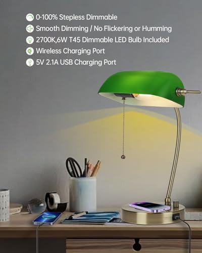 Stepless Dimmable Green Glass Bankers Desk Lamp,LED Bulb Included