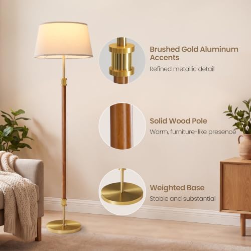ZenGlimmer Mid Century Dimmabe Floor Lamp, Dark Walnut Wood Pole Standing Lamp with 18” Linen Shade, Brushed Gold Aluminum Accents, 11” Weighted Base for Living Room Bedroom