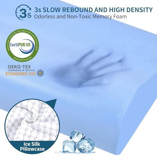 Cervical Pillow for Neck Pain Relief, Contour Memory Foam Pillows for Sleeping, Odorless Ergonomic Pillow Adjustable Orthopedic Cooling Pillow Bed Pillow Neck Support for All Sleepers (White & Blue)
